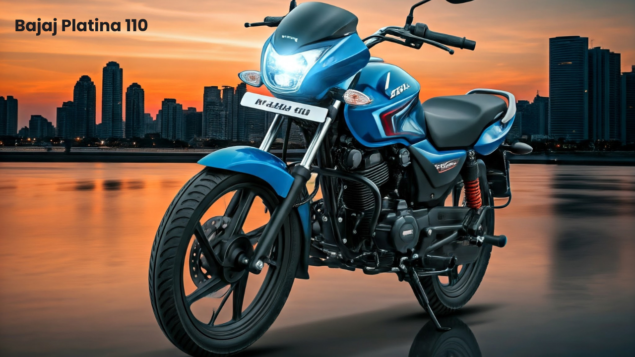 Front view of Bajaj Platina 110, showcasing its sleek design, comfortable seating, and durable build, ideal for long-distance travel on Indian roads